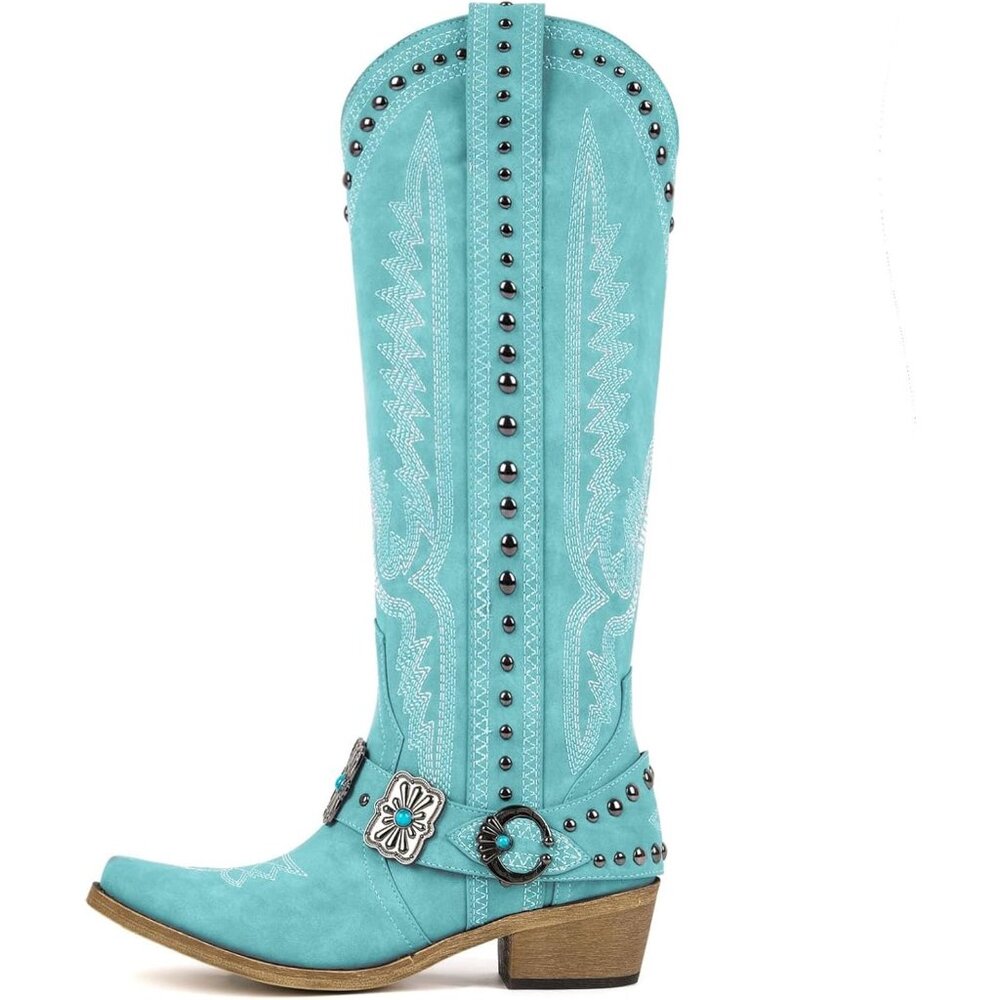 Women's Blue Knee High Western Cowgirl Boots with Embroidery Belt Buckle - Picture 2 of 3